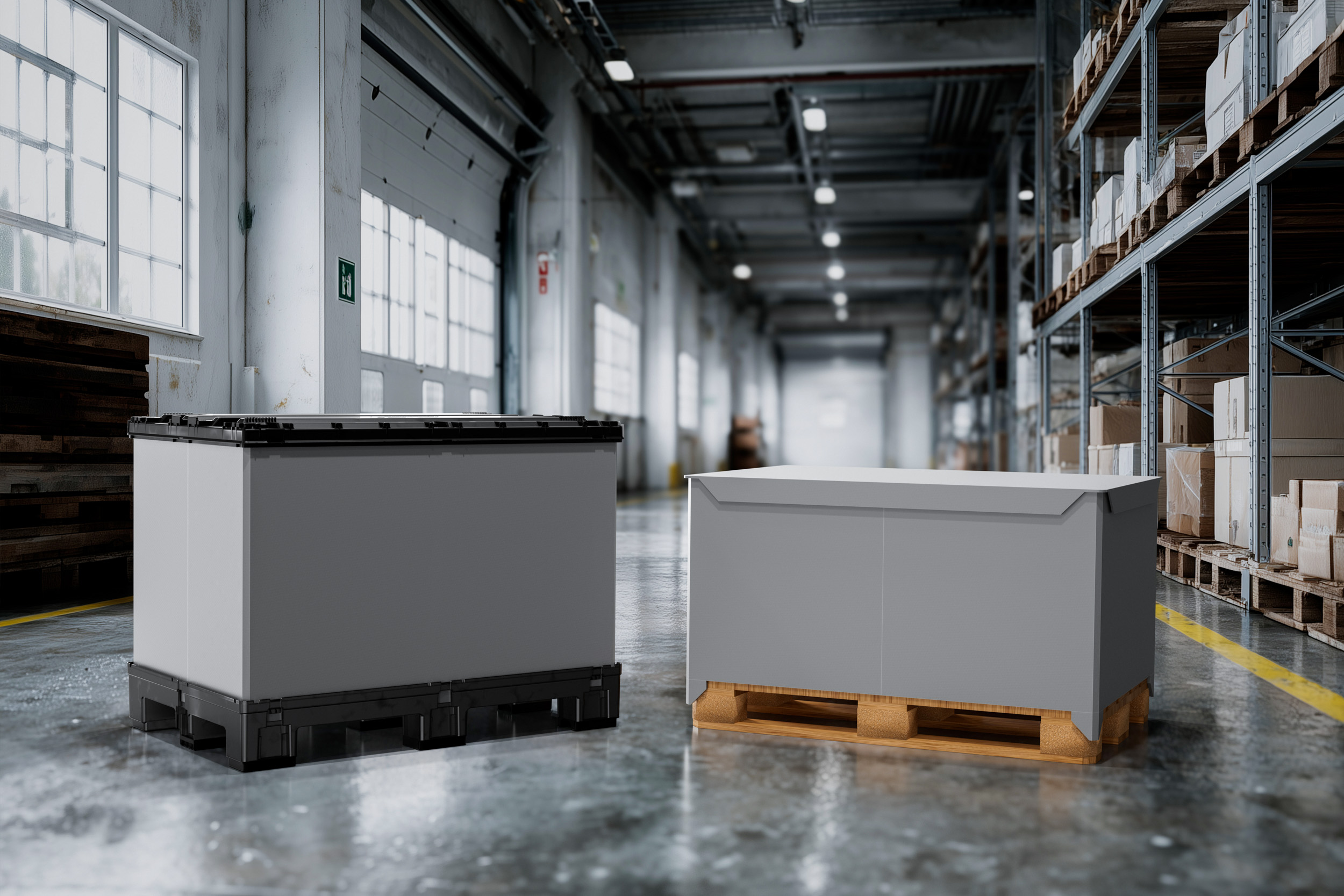 Mitarbeiter mit Faltbox im Gespräch am Messestand