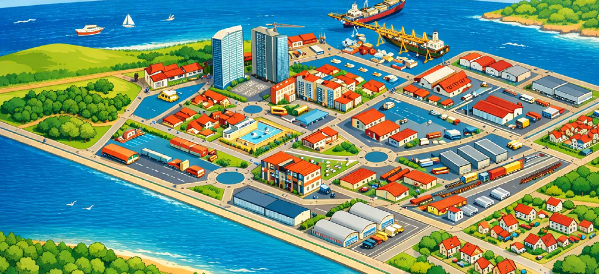 Comic-Wimmelbild mit Logistik-Welt